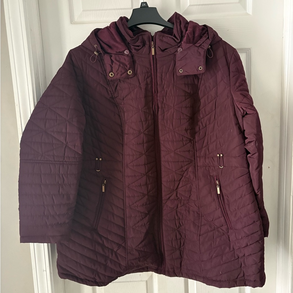 NWT Women's Gallery Quilted Jacket in Burgundy Detachable Hood 2X Retail $140